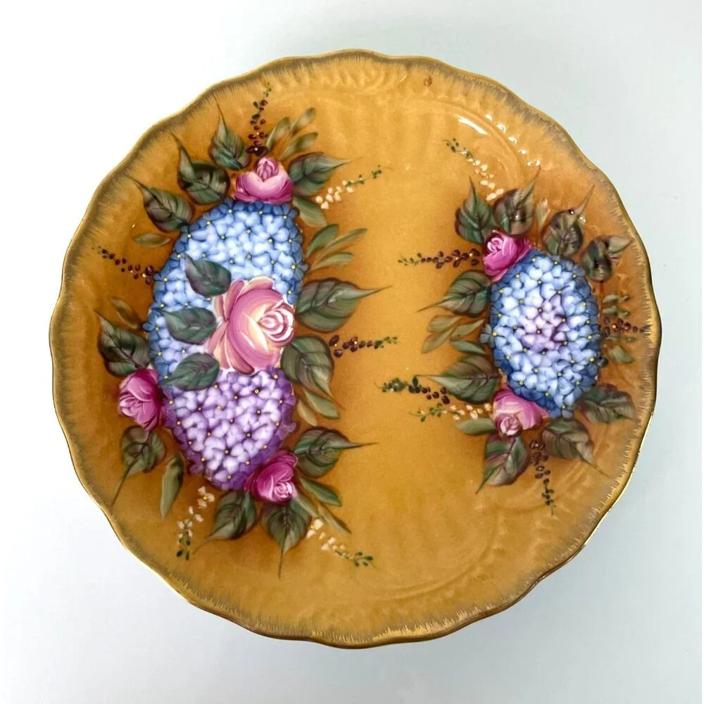 Decorative Orange Floral Plate, Made in China, Pink Purple Blue Gold Edge Detail